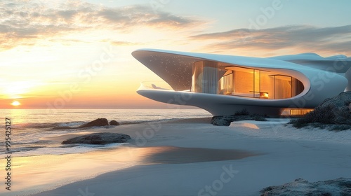 Wallpaper Mural Beautiful beachfront villa with futuristic architecture and expansive windows, offering stunning sunset views over the ocean Torontodigital.ca