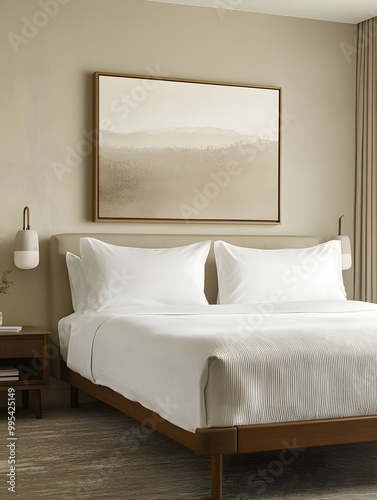 Wallpaper Mural A minimalist bedroom with a king-size bed, white bedding, and a framed landscape painting above the headboard. Torontodigital.ca