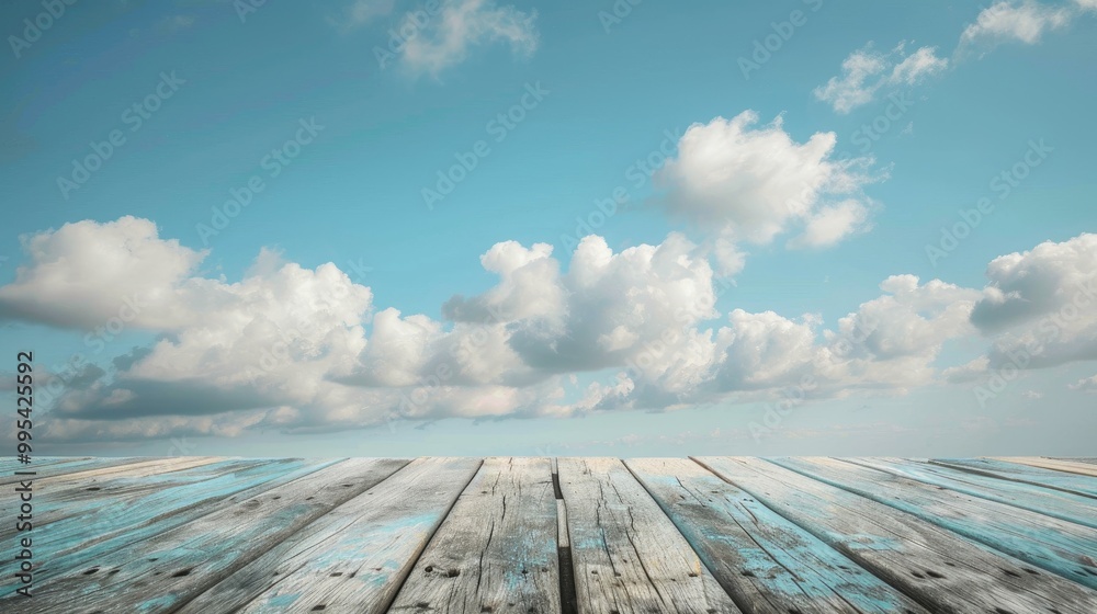 Weathered wooden table against a hazy blue sky with clouds Picture Weathered wooden table against a hazy blue sky with clouds Picture