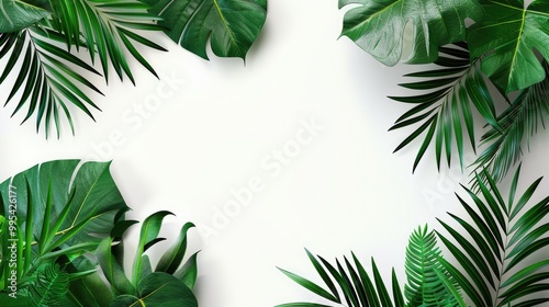 Tropical green leaves frame on white background for organic product design