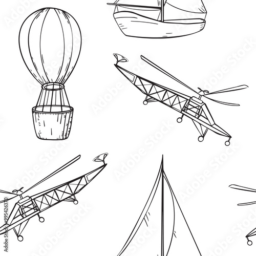 Sailing ship, air balloon, airplane black and white vector graphic seamless pattern. Monochrome boat, aircraft, vessel, aerostat repeating texture hand drawn. Endless line contour transport.