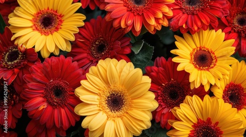 Vibrant red and yellow gerbera flowers with big petals