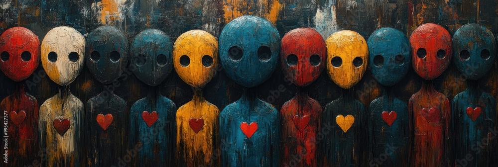 A crowd of abstract, sad faces, each figure marked with a heart symbol on the chest, emphasizing solitude within a group. A crowd of abstract, sad faces, each figure marked with a heart symbol on the chest, emphasizing solitude within a group.
