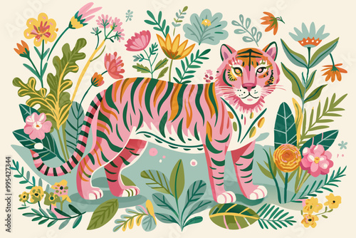Vibrant Tiger Amidst a Colorful Floral Wonderland Illustration