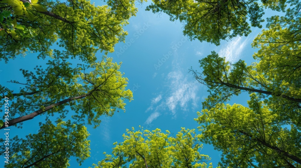 Obraz premium Green trees and blue sky viewed from above