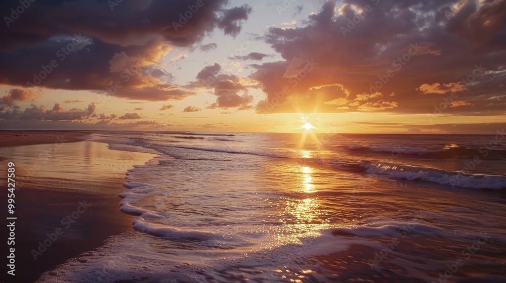 Naklejka premium Tranquil sunset scene at beach with cloudy winter sky