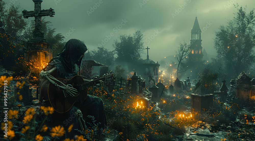Skeleton Playing Guitar in a Cemetery Illustration Skeleton Playing Guitar in a Cemetery Illustration