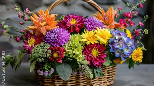 Vibrant floral arrangement in a basket