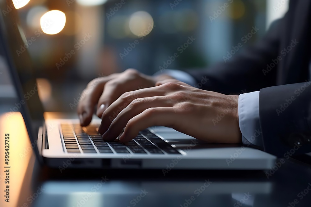 A person typing on a laptop in a professional setting. A person typing on a laptop in a professional setting.