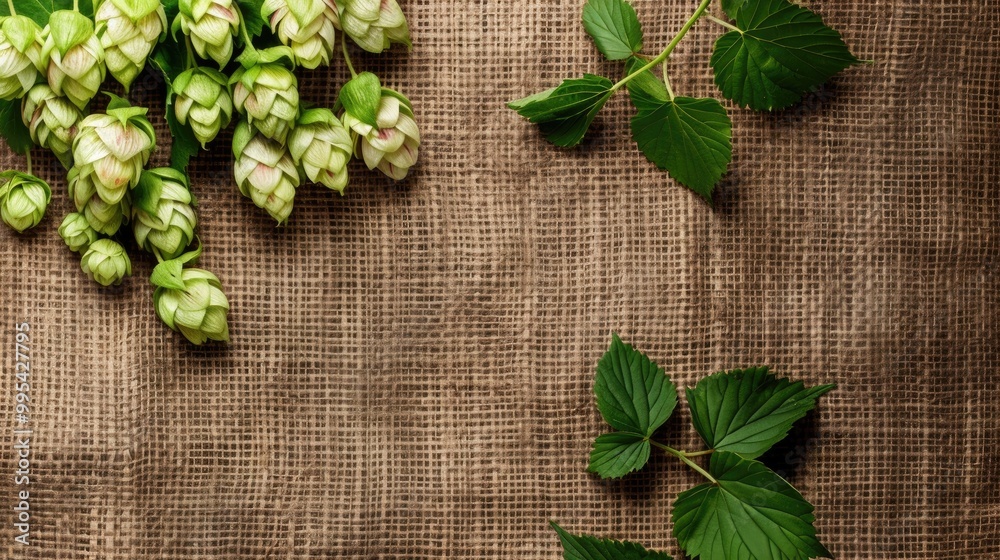 Fresh hops over rustic burlap background for beer brewing