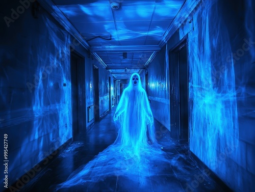 Ethereal Ghost Floating in an Abandoned Hallway