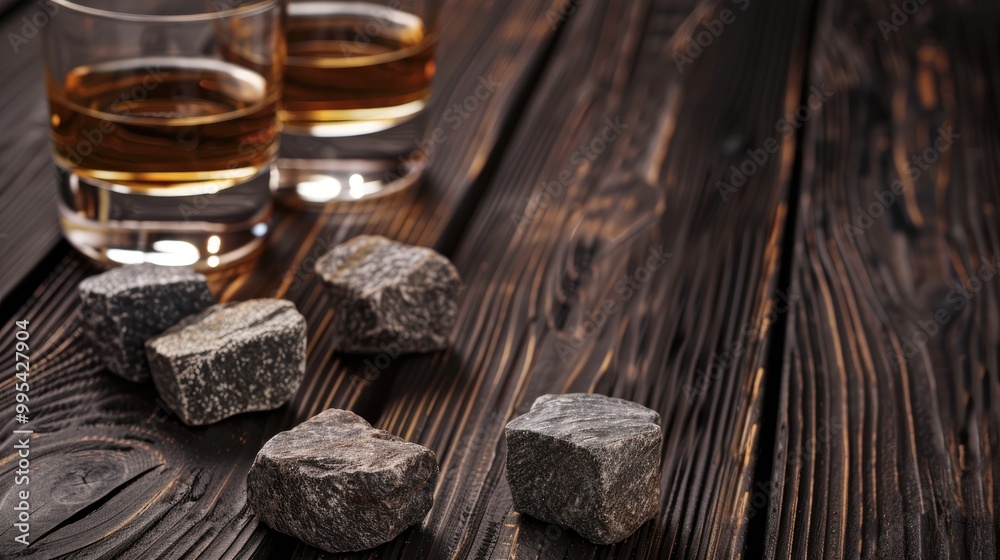 Whiskey stones and glasses on dark wood surface Whiskey stones and glasses on dark wood surface