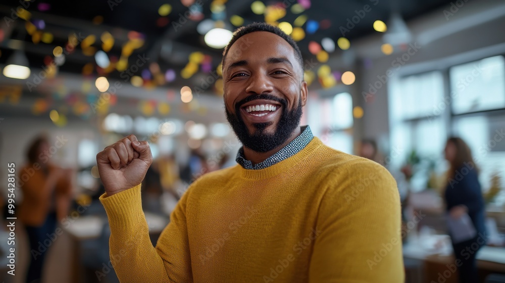 Naklejka premium Happy businessman celebrating success in office.