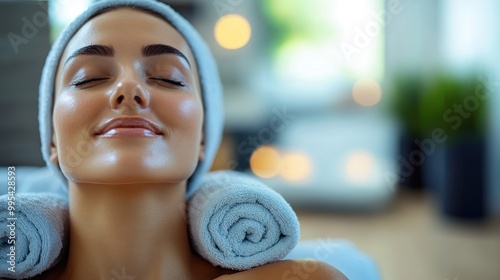 Relaxed woman with towel on spa bed.