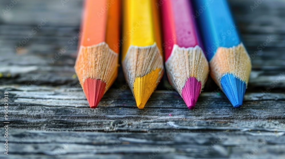 Vibrant pencils on wooden backdrop captured up close Vibrant pencils on wooden backdrop captured up close