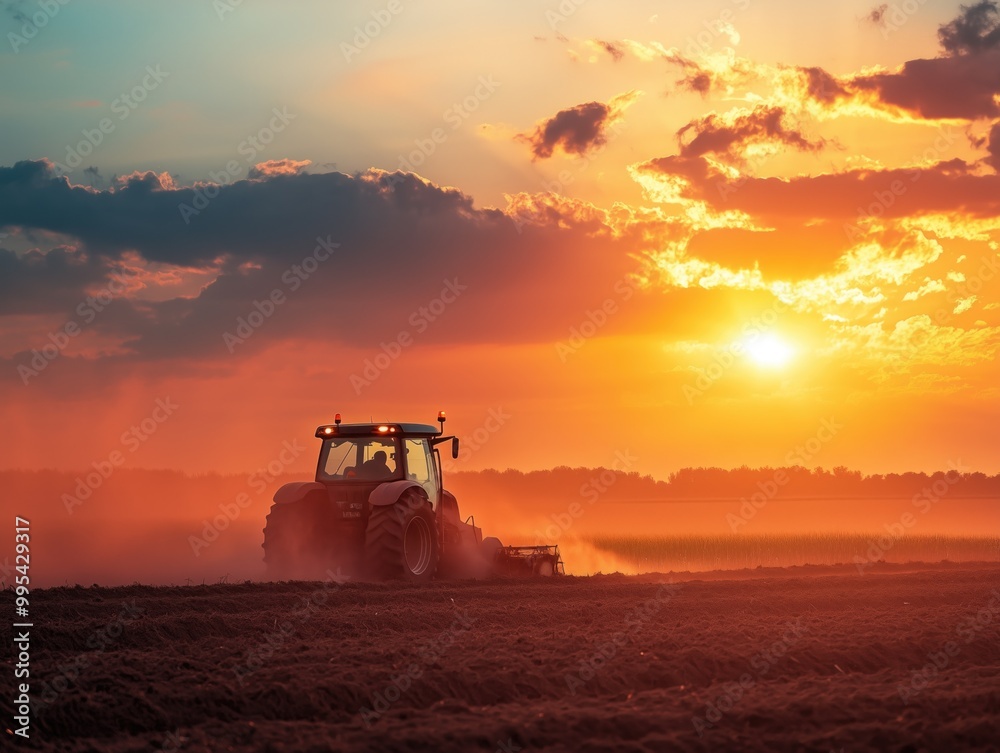 Fototapeta premium Agricultural combine harvesting on the farming field, beautiful sunset in the background. Agriculture food industry