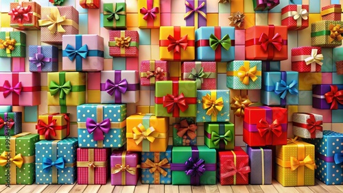 Colorful and artful display of wrapped gifts with bows on the wall, gifts, presents, colorful, vibrant, artful