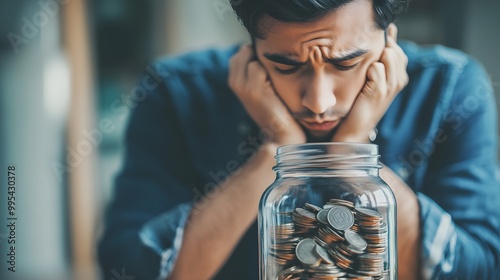 A Depressed Man Gazing at a Glass Jar Filled with Coins photo