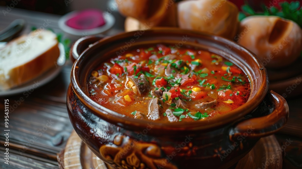 Ukrainian beet soup with quail in rustic setting Ukrainian beet soup with quail in rustic setting