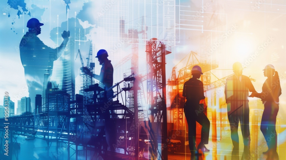 diverse workers in various industries - Silhouetted Construction Workers in a Futuristic Urban Environment diverse workers in various industries - Silhouetted Construction Workers in a Futuristic Urban Environment