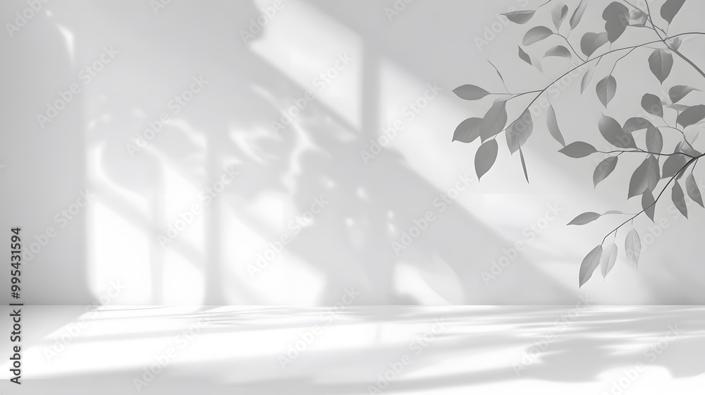 Minimalist white interior with sunlight and shadows from a window and a leafy branch. Minimalist white interior with sunlight and shadows from a window and a leafy branch.