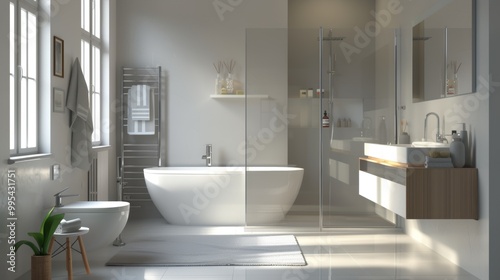 modern large bathroom with whites, and grays -Spacious Modern Bathroom with Freestanding Tub and Glass Shower