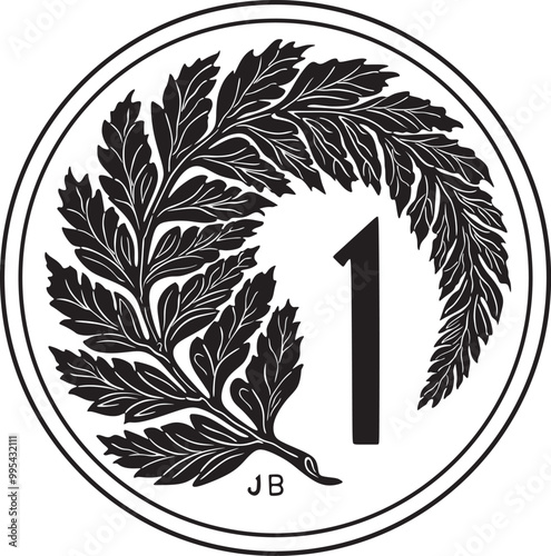 One cent New Zealand coin 1967-1987 vector design with silver fern handmade silhouette.	