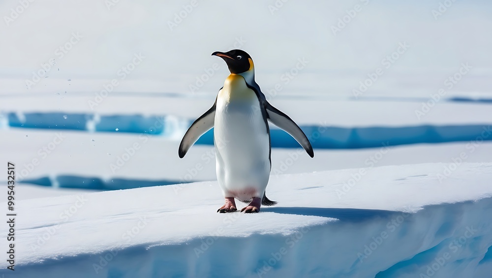 Fototapeta premium This stunning photograph captures the essence of strength and solitude as a lone penguin stands proudly on a massive iceberg, surrounded by the vast, icy expanse of the polar region.