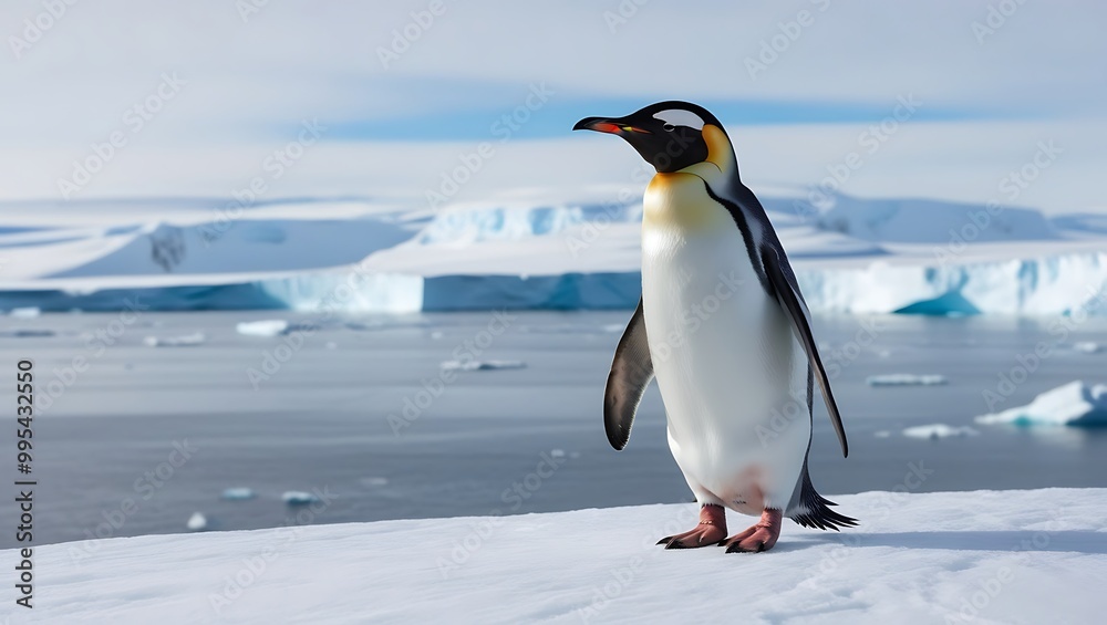 Obraz premium This stunning photograph captures the essence of strength and solitude as a lone penguin stands proudly on a massive iceberg, surrounded by the vast, icy expanse of the polar region.