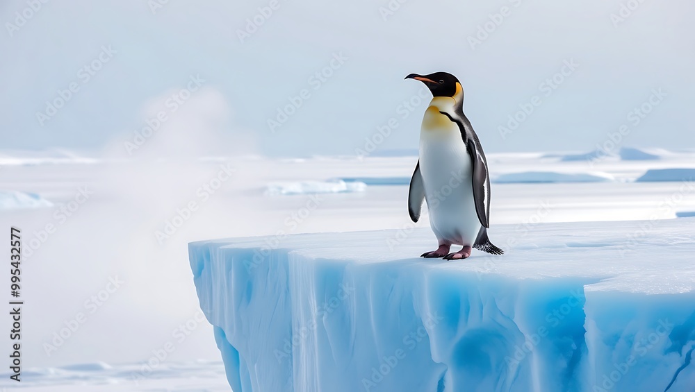 Obraz premium This stunning photograph captures the essence of strength and solitude as a lone penguin stands proudly on a massive iceberg, surrounded by the vast, icy expanse of the polar region.