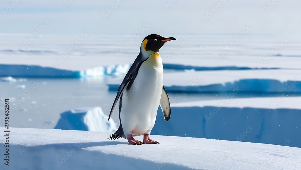 Obraz premium This stunning photograph captures the essence of strength and solitude as a lone penguin stands proudly on a massive iceberg, surrounded by the vast, icy expanse of the polar region.