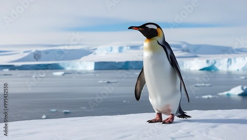 This stunning photograph captures the essence of strength and solitude as a lone penguin stands proudly on a massive iceberg, surrounded by the vast, icy expanse of the polar region.