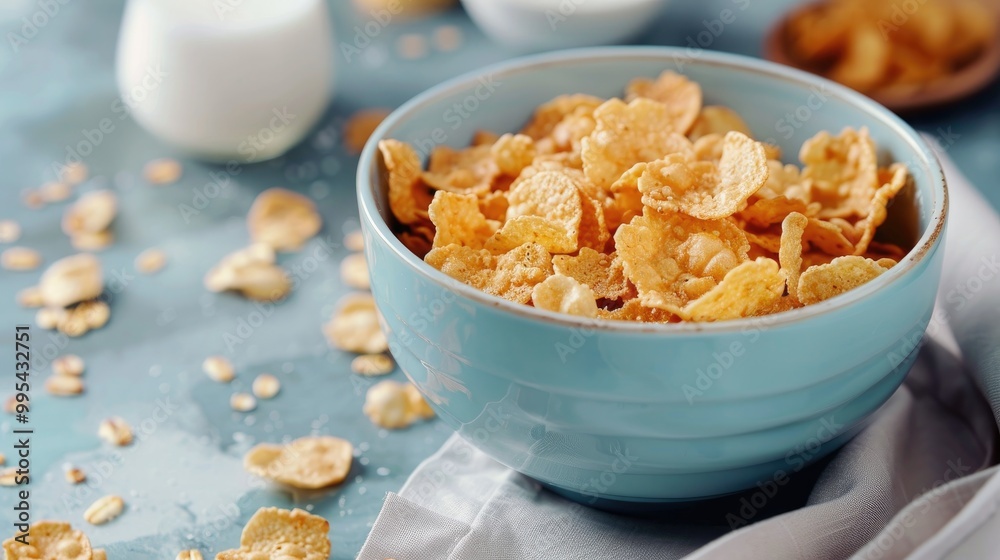 Whole Grain Cornflakes Breakfast with Milk on Table Whole Grain Cornflakes Breakfast with Milk on Table