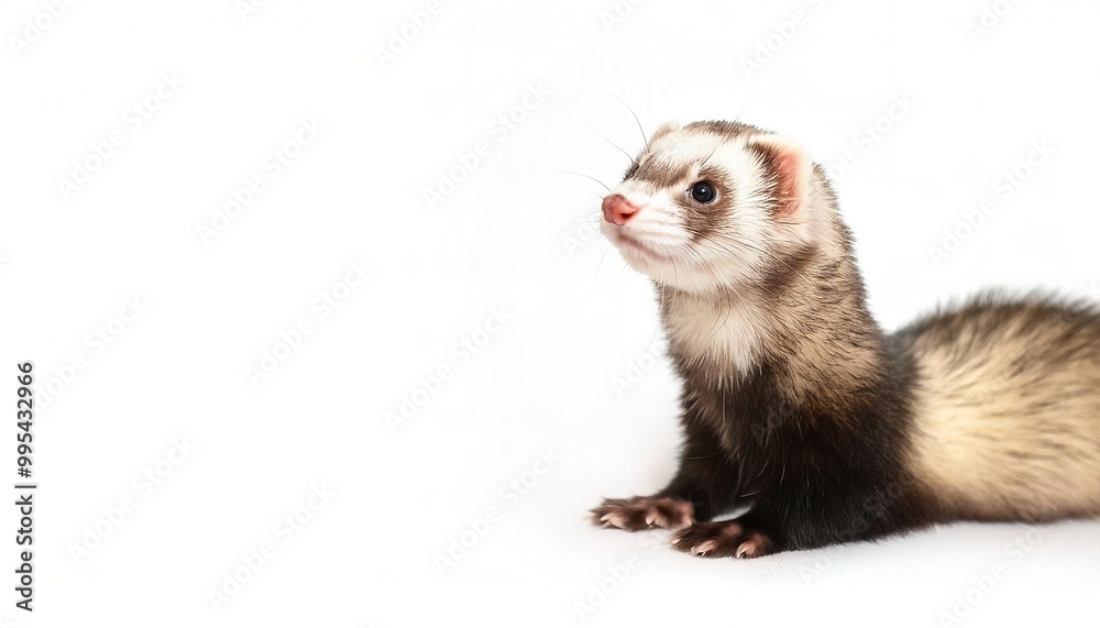 ferret - Mustela furo - is a small, domesticated species of mammal belonging to the family Mustelidae and most likely a domesticated form of the wild European polecat - Mustela putorius. On white ferret - Mustela furo - is a small, domesticated species of mammal belonging to the family Mustelidae and most likely a domesticated form of the wild European polecat - Mustela putorius. On white