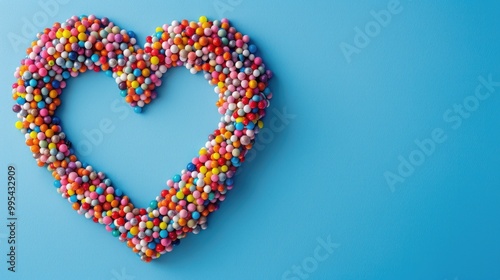 Heart composed of small colorful spheres on blue backdrop with blank area