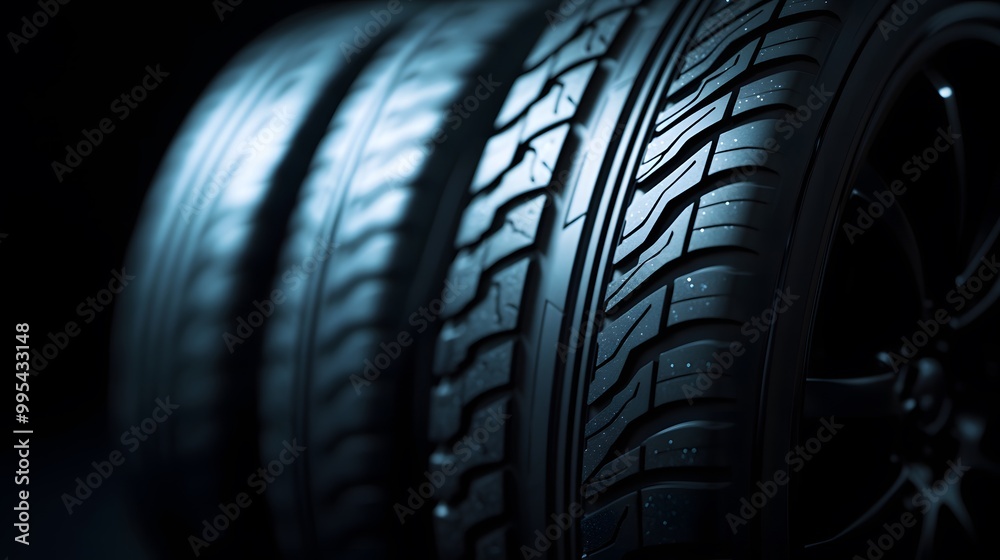 Close-up of three new car tires, with deep tread patterns, against a dark background. Close-up of three new car tires, with deep tread patterns, against a dark background.