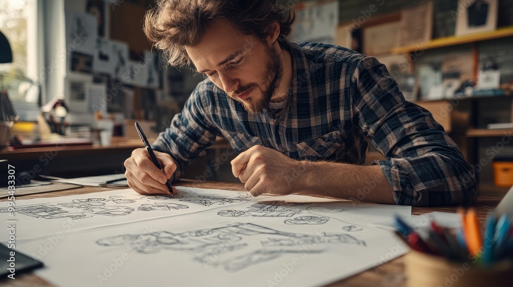 A modern workspace with a laptop, VR headset, office desk, and technological design charts A modern workspace with a laptop, VR headset, office desk, and technological design charts