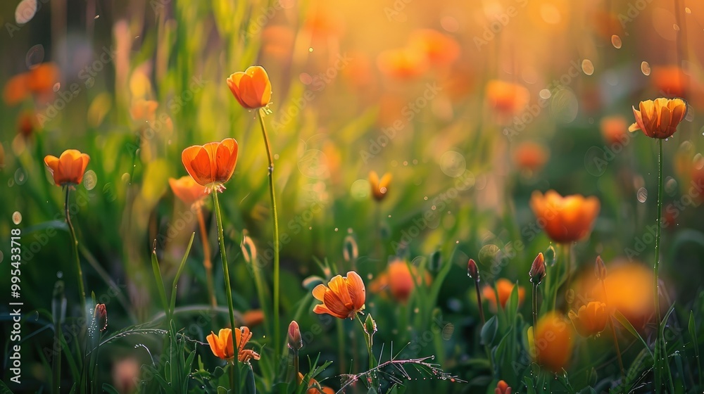 Obraz premium Vivid orange flowers in the Siberian spring meadow with soft bokeh background