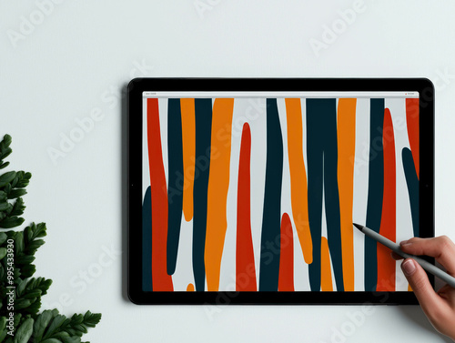 An artist uses a stylus on a tablet to create a bold abstract design with flowing orange, red, and navy blue lines, blending organic shapes and digital art techniques for a modern masterpiece. photo