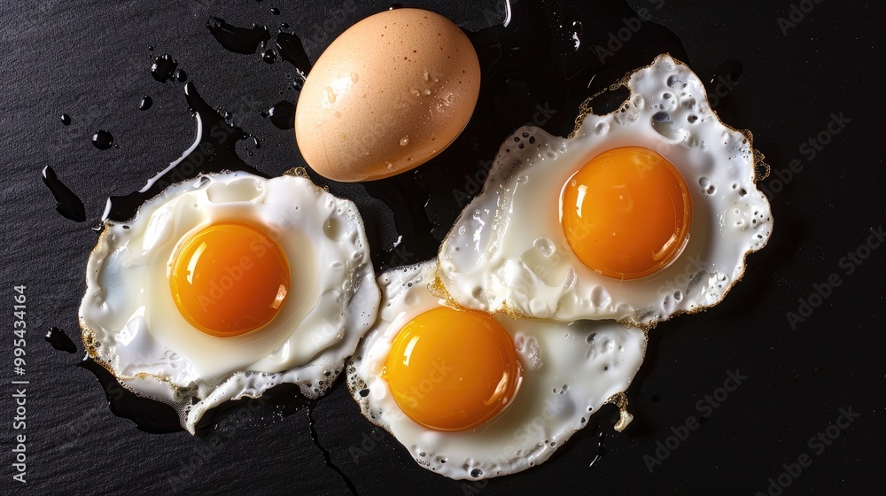 Fried and three raw white eggs with white spots on black background Fried and three raw white eggs with white spots on black background