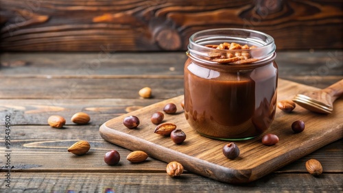 Chocolate paste with nuts in jar displayed on wooden board, chocolate, paste, jar, nuts, wooden board, spread, delicious photo