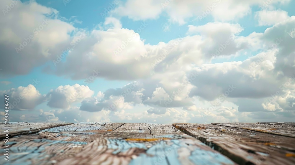 Weathered wooden table against a hazy blue sky with clouds Picture Weathered wooden table against a hazy blue sky with clouds Picture