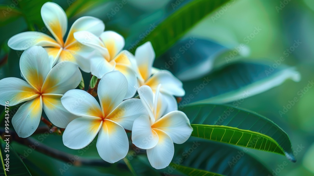 White and yellow flowers with green leaves in focus Frangipani tropical flower branches Blooming Plumeria on tree Spa floral scene in nature