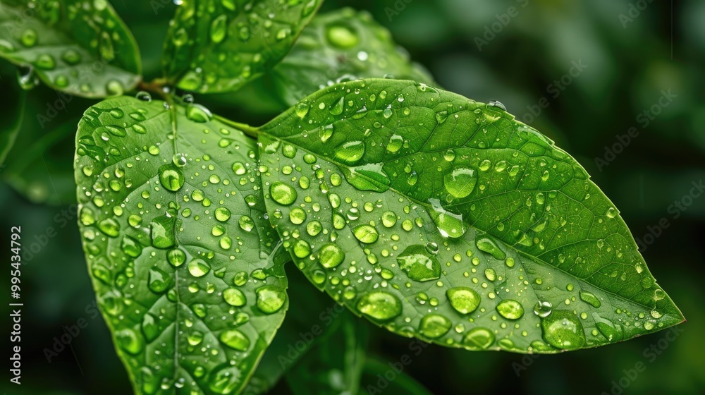 Green leaf adorned with water droplets