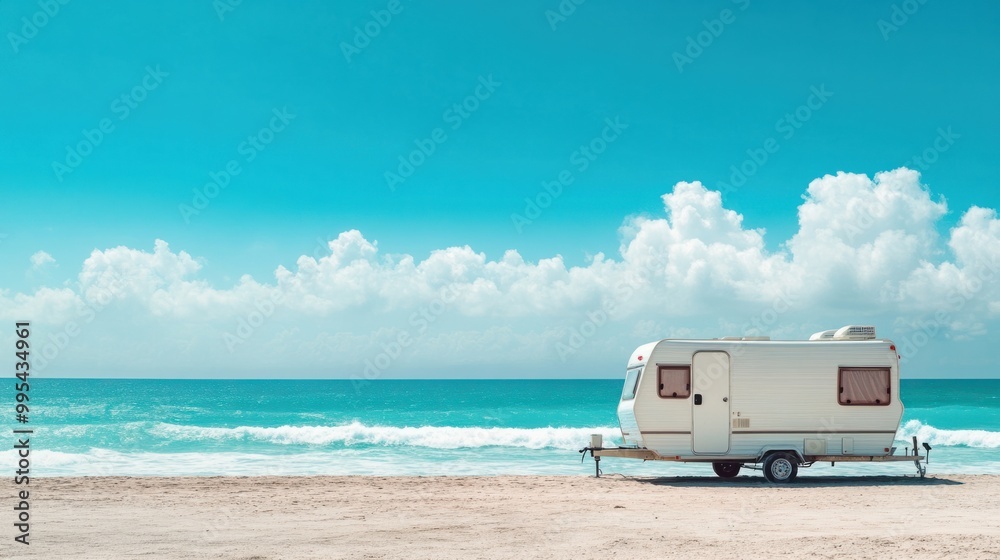 A travel trailer on a beach, with waves crashing and a clear blue sky above A travel trailer on a beach, with waves crashing and a clear blue sky above