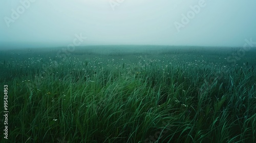 Field obscured by evening summer fog