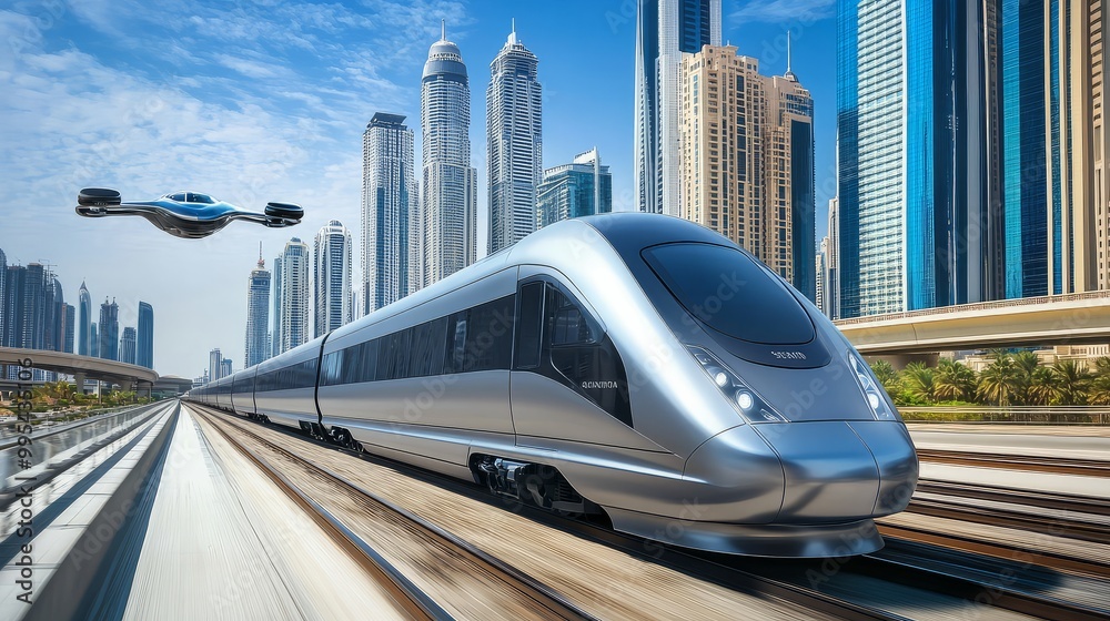 Fototapeta premium High-Speed Rail and Future Cityscape: Sleek, modern high-speed train traversing a futuristic cityscape with a drone overhead, representing advanced transportation and urban development. 