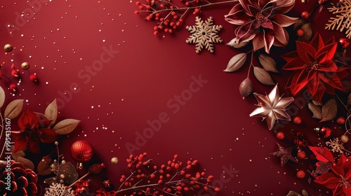 Festive greeting card against crimson backdrop with embellishments