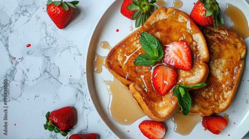 French toast with strawberries maple syrup on plate white marble background Top view flat lay