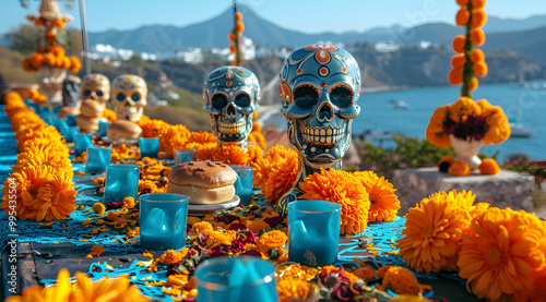 Day of the Dead Altar with Skulls and Flowers - Illustration